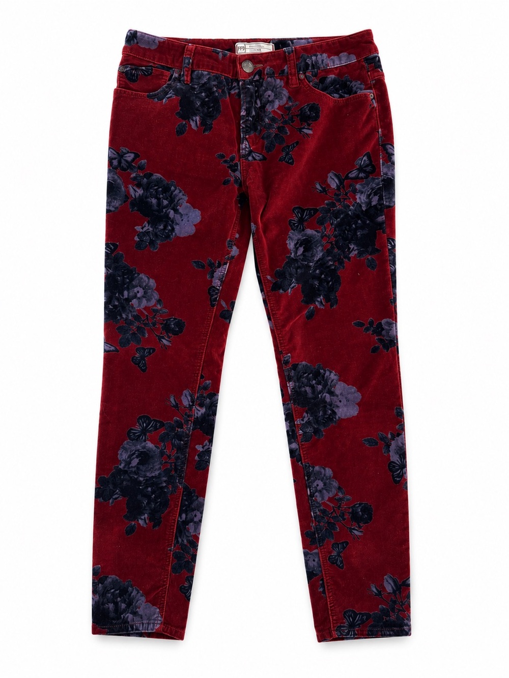 Free People Velvet Floral Skinny Pants Burgundy Navy boho whimsigoth Size 28 - Picture 3 of 11